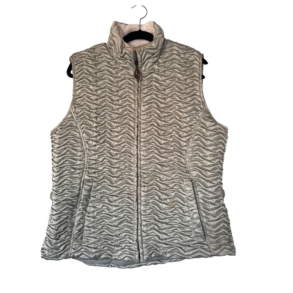 Cowgirl Up Womens Sage Green Wavy Quilted Puffer Vest Faux Shearling Lining L